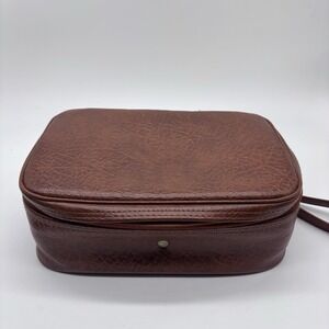 Vintage 70s Toiletry Bag Brown Leather Polka Dot Lining Excellent Condition‎